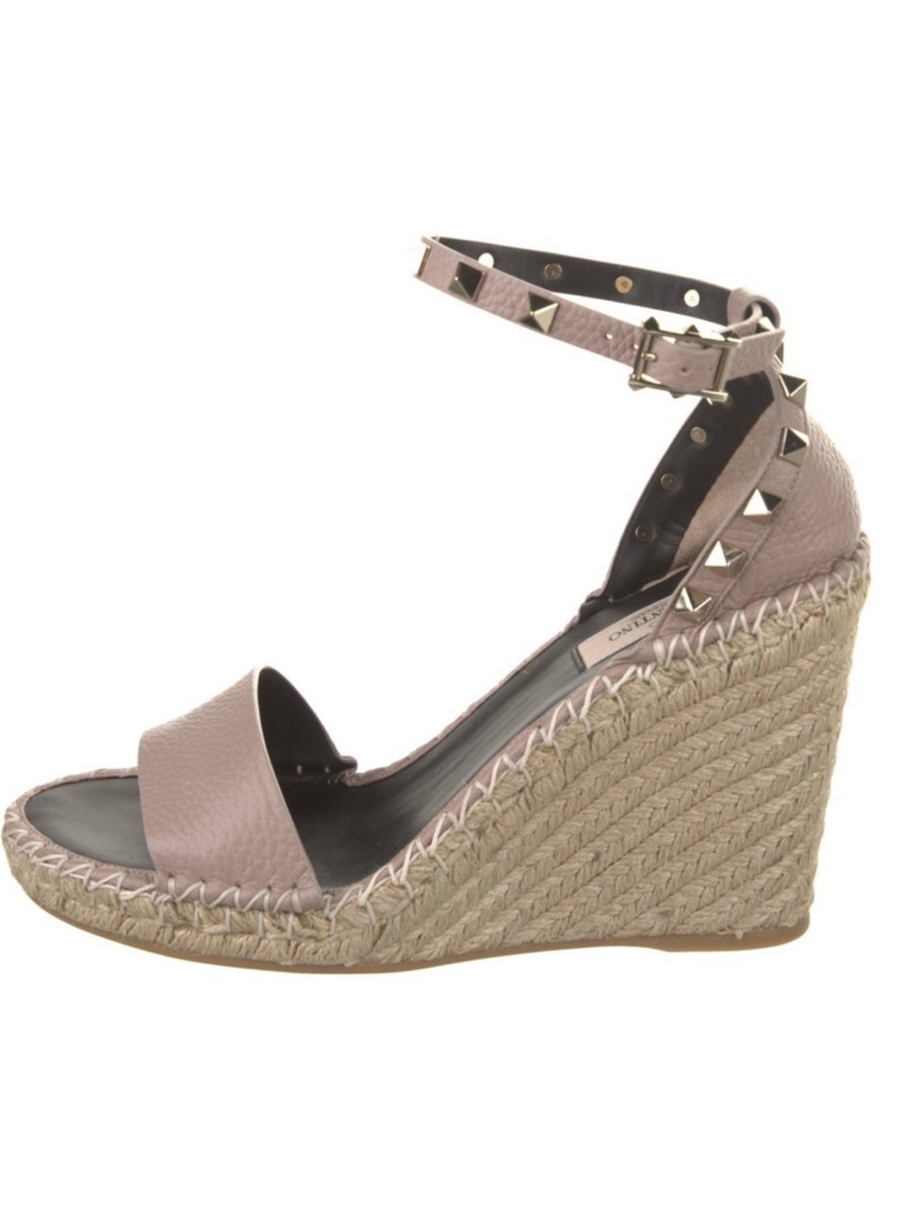 Valentino Taupe Leather Rockstud Espadrille Wedge Sandals - Picture 2 of 5